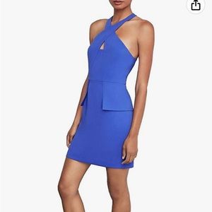 BCBG MAXAZRIA Peplum Crisscross Blue Halter Dress